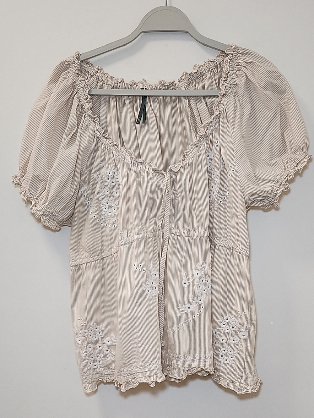Anthropologie Puff-Sleeve Embroidered Babydoll Top tan and cream stripes Sz XL - Picture 5 of 16